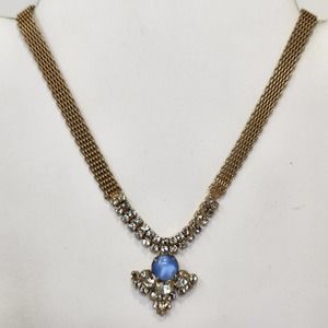 Gold Tone Mesh Chain Blue Moonglow Glass Clear Crystal Necklace Vintage Costume